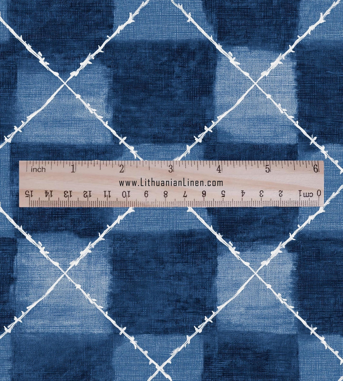 100% LINEN Fabric indigo blue print - Shibori abstract squares - upholstery curtains dress making 2978