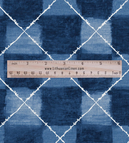 100% LINEN Fabric indigo blue print - Shibori abstract squares - upholstery curtains dress making 2978