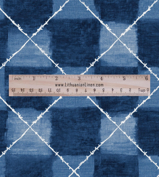 100% LINEN Fabric indigo blue print - Shibori abstract squares - upholstery curtains dress making 2978