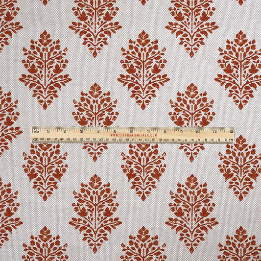 100% LINEN Fabric UPHOLSTERY 12oz - red paisley block print - oatmeal linen fabric with floral print  - Modern Vintage upholstery 2316