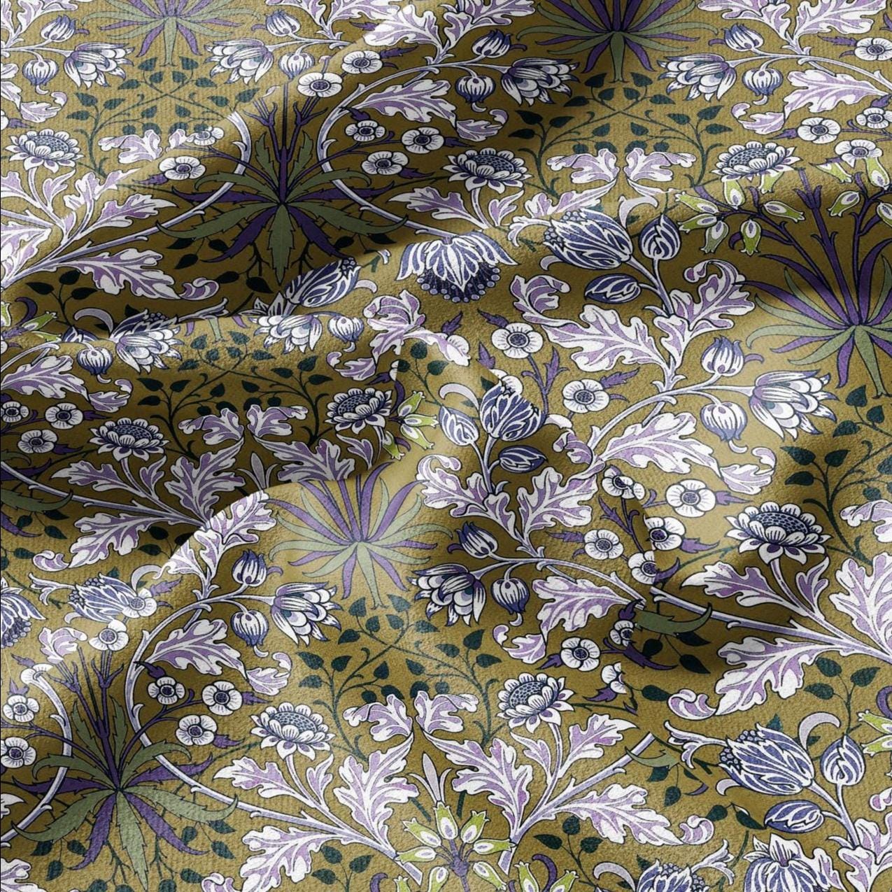100% LINEN Fabric William Morris hyacinth print - Modern vintage botanical - Victorian Art Craft yellow beige 3149