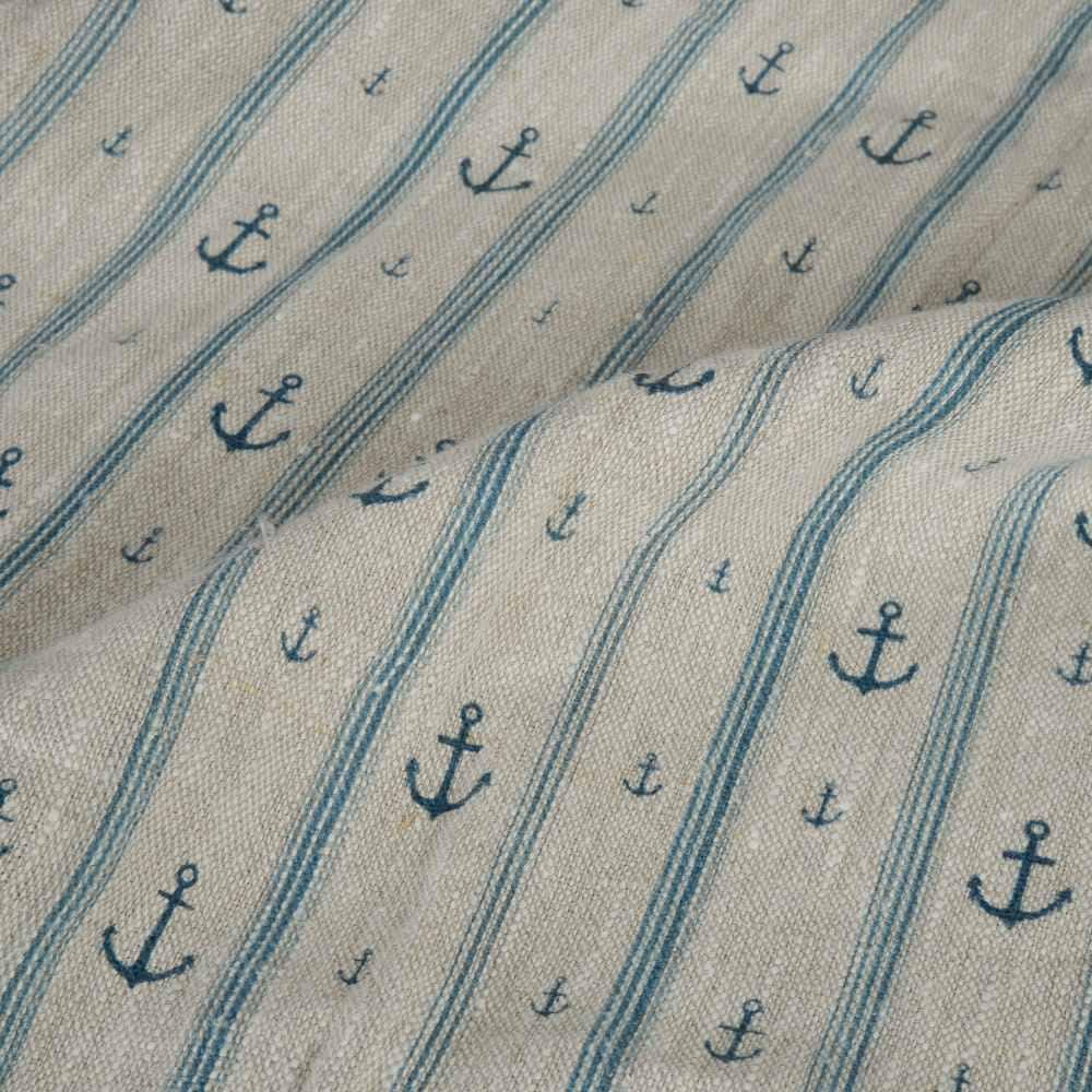 100% LINEN Fabric Anchor stripe print on oatmeal linen - Marine blue gray heavy for upholstery - medium weight linen dress making 2764