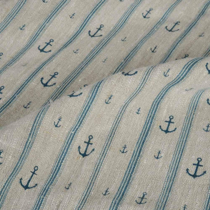 100% LINEN Fabric Anchor stripe print on oatmeal linen - Marine blue gray heavy for upholstery - medium weight linen dress making 2764