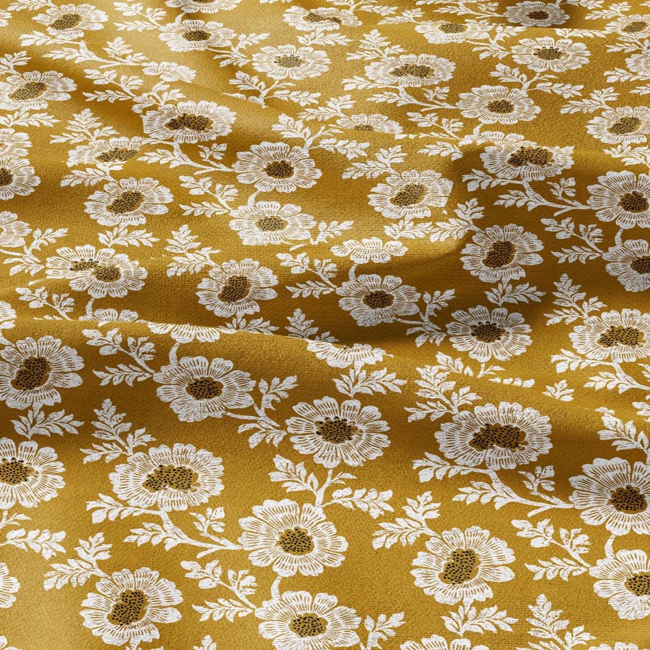100% LINEN Fabric Shevanti flower - mustard yellow block print linen heavy for upholstery home decor - medium for dress making 2804