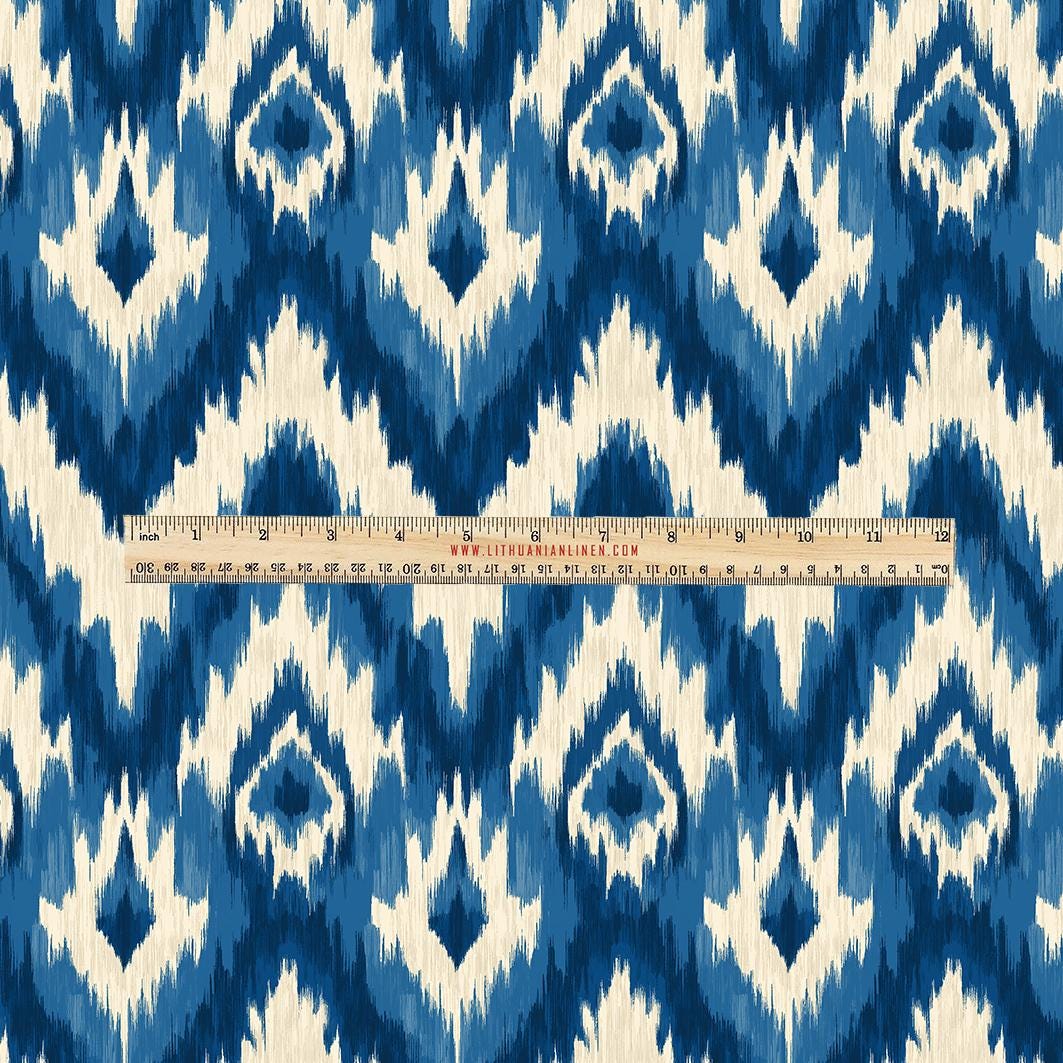 100% LINEN Fabric UPHOLSTERY 12oz - Ikat beige blue - Modern Vintage Grandmillennial geometric upholstery 2980