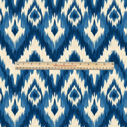 100% LINEN Fabric UPHOLSTERY 12oz - Ikat beige blue - Modern Vintage Grandmillennial geometric upholstery 2980