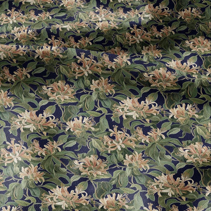 100% LINEN Honeysuckle print - Blue greenery blossom - floral fabric for dress making or home decor 2974