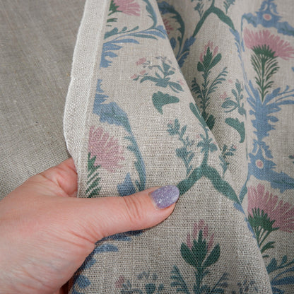100% LINEN Fabric pink blue block print on oatmeal natur linen, floral toile de jouy fabric, French linen floral upholstery 2254