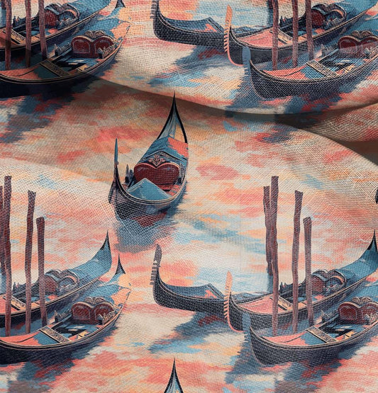100% LINEN Fabric Italian Venice gondola print, oatmeal natur linen fabric for home decor upholster