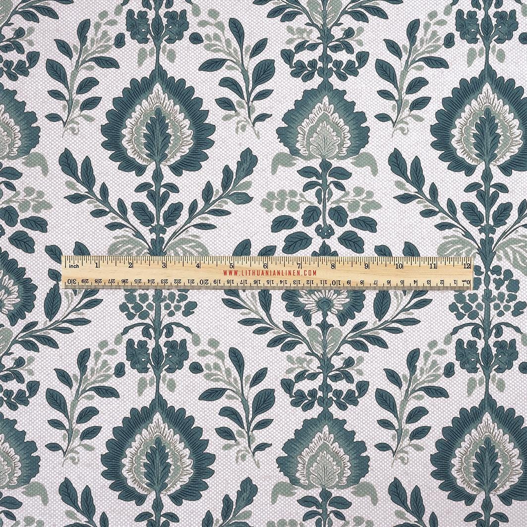 100% LINEN Fabric UPHOLSTERY 12oz - green gray block print on oatmeal linen - Modern vintage Victorian  upholstery 2045