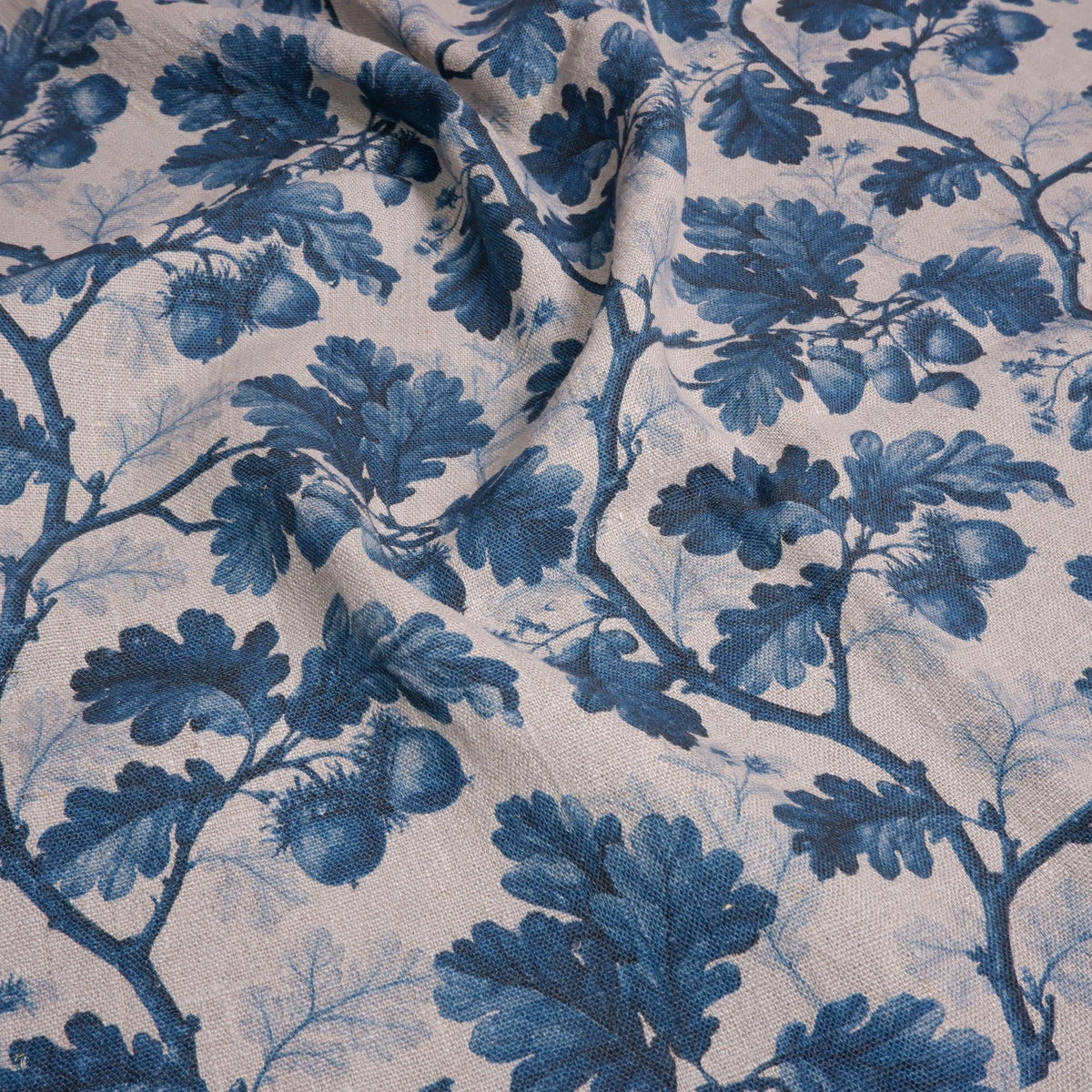 100% LINEN Fabric print Oak leaves with acorn blue grey -  floral botanical print - heavy for upholstery home decor clothing 3712