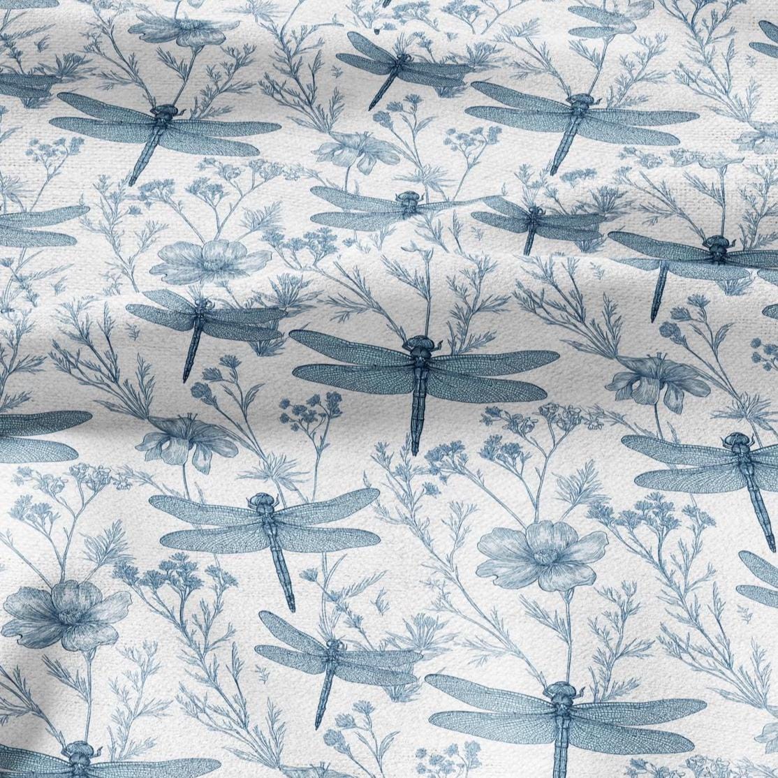 100% LINEN Fabric Dragonfly blue print  - floral upholstery home textile artisan fabrics blue white 3130