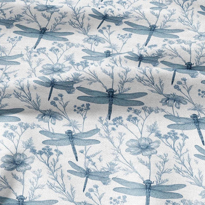 100% LINEN Fabric Dragonfly blue print  - floral upholstery home textile artisan fabrics blue white 3130