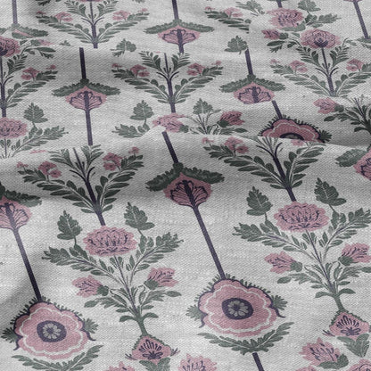 100% LINEN Fabric preppy pink stripes - floral geometric print on oatmeal linen for home decor sewign dress clothing 2861