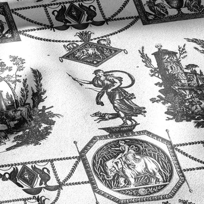 100% LINEN Fabric french black white print - Goddess Diana with Lion - toile de jouy - Diane chasseresse by Jean-Baptiste Huet 3420