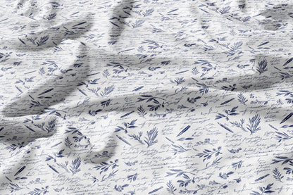 100% LINEN Fabric blue writting print on white linen - indigo blue letter fabric for uphlstery heavy / medium for clothing 2577