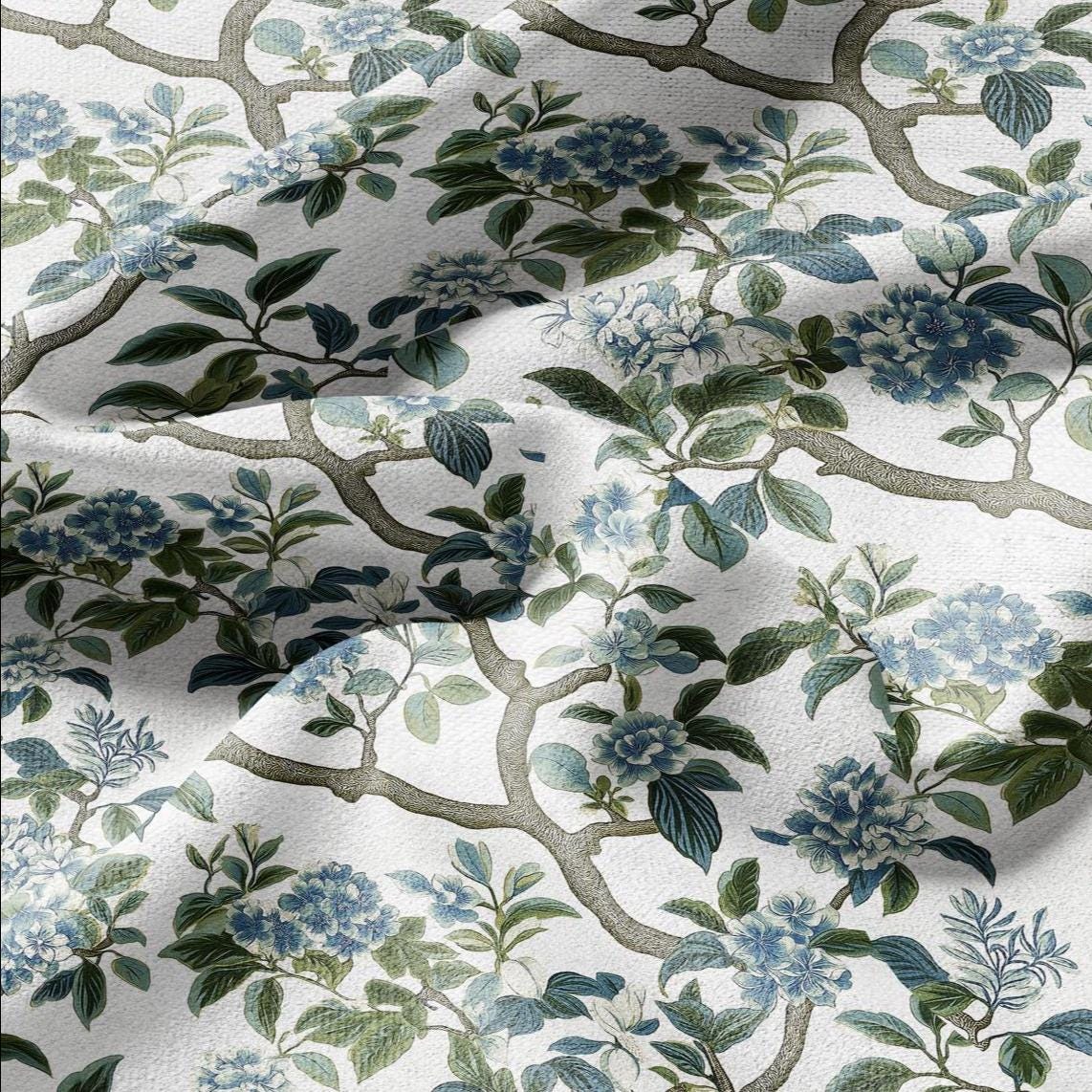 100% LINEN Fabric Block print Lotus blosoom - modern vintage botanical flower upholstery home textile artisan green gray  white 2370