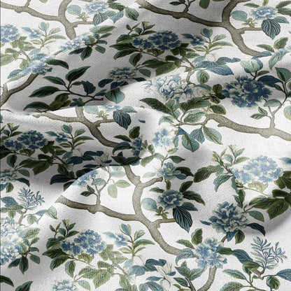 100% LINEN Fabric Block print Lotus blosoom - modern vintage botanical flower upholstery home textile artisan green gray  white 2370