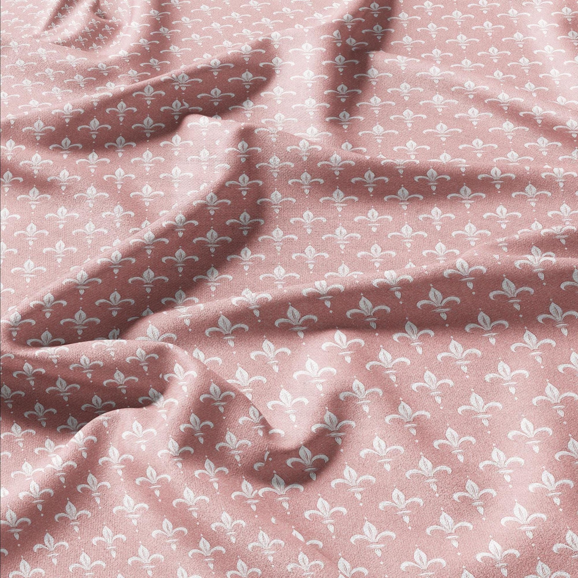 100% LINEN Fabric Fleur de lis print,  linen fabric with pale pink french print, heavy linen fabric for upholstery home decor