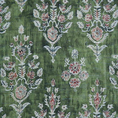 100% LINEN Fabric block print indian green 3658 - oatmeal linen fabric with green floral print decor