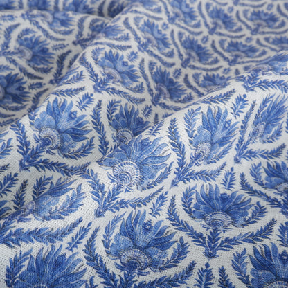 100% LINEN Fabric French blue block print on white linen - toile de jouy fabric - floral upholstery heavy or dressmaking medium weight 2510