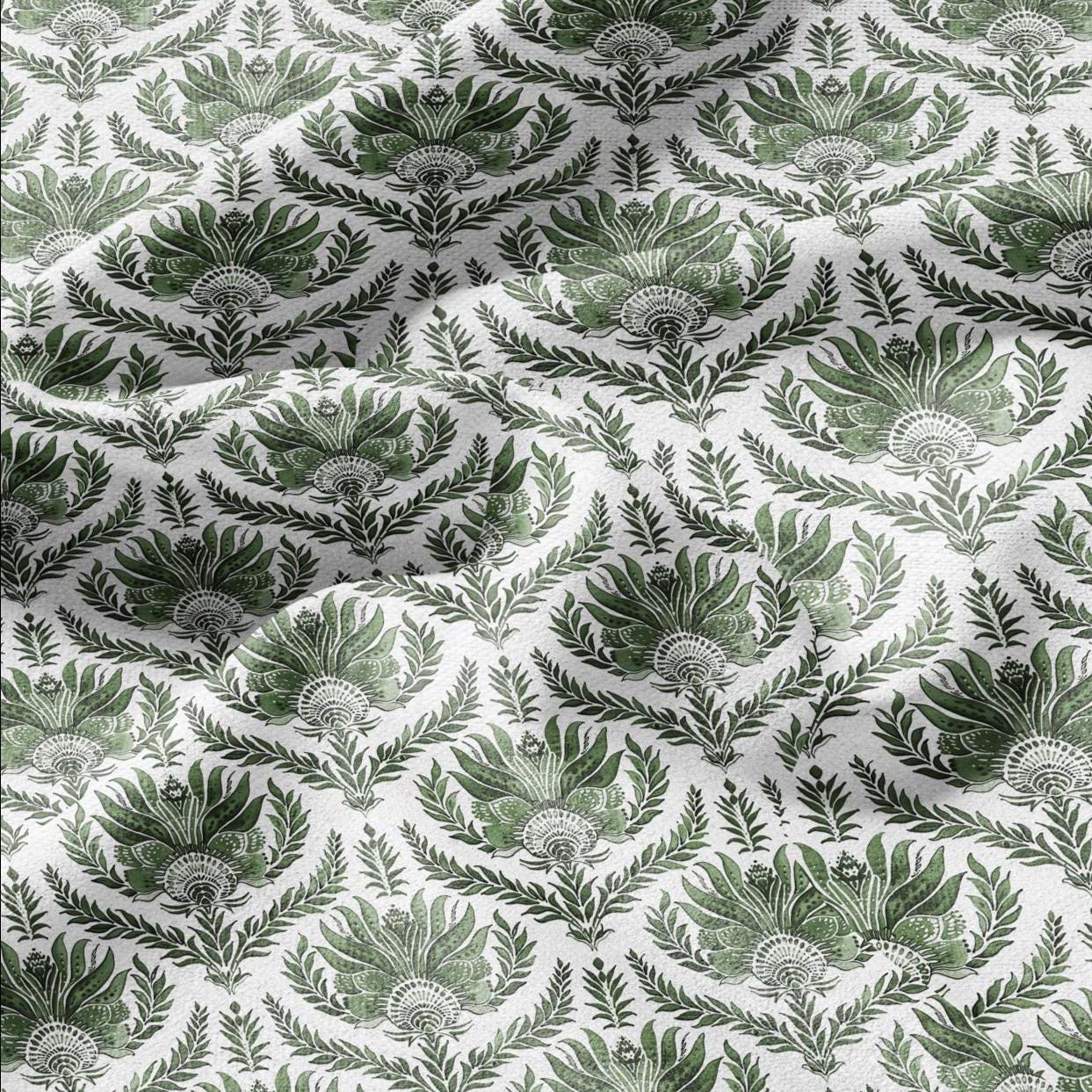 100% LINEN Fabric green French floral print - flowers block print - for upholstery home decor - medium for dress making 305G