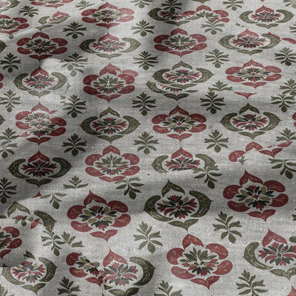 100% LINEN Fabric hand block print flowers - oatmeal linen fabric with red green print - fabric for home decor upholstery