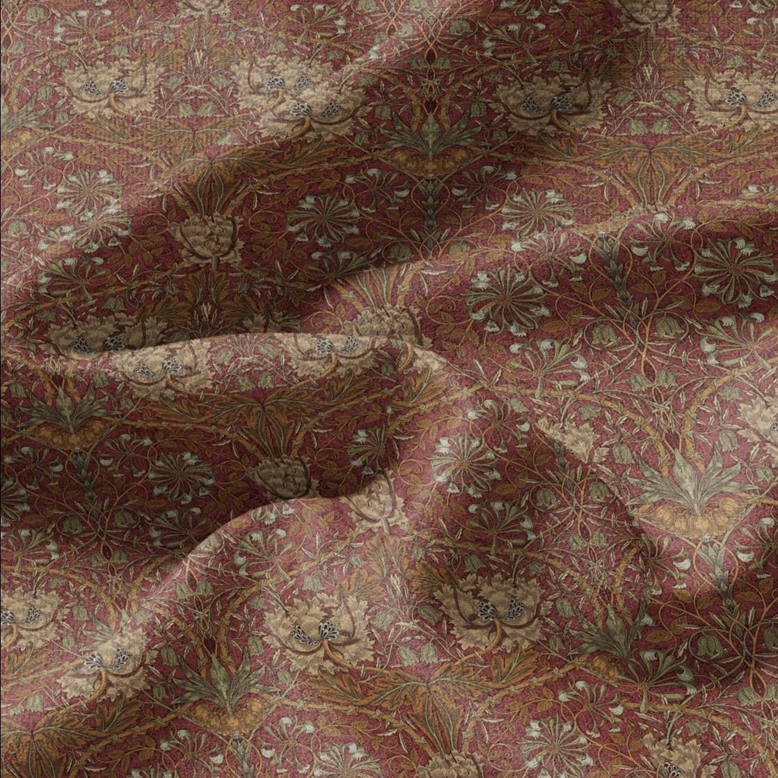 100% linen fabric William Morris Honeysuckle red print - Victorian Art crafts - Historical  upholstery dress making 3299