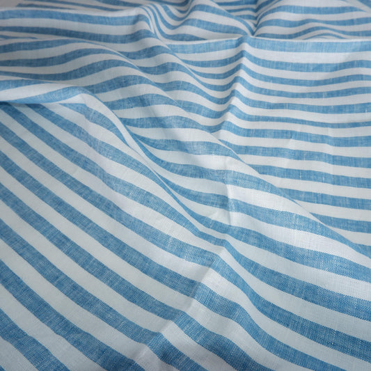 Premium Linen striped Fabric in blue white neutral linen | Flag stripe Medium weight ink blue white stripes  home textile vintage heritage