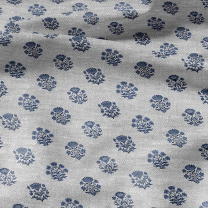 100% LINEN Fabric block print Genda - Indian blue floral linen heavy for upholstery home decor - medium for dress making 2947
