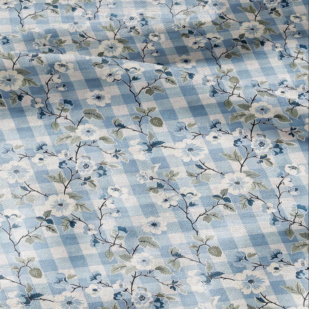 100% LINEN Fabric pink Gingham blue floral print - botanical upholstery home textile artisan fabrics blue white 2744
