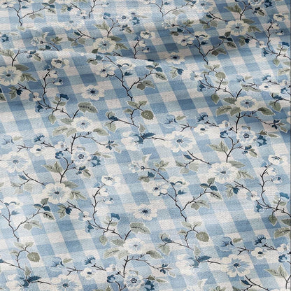 100% LINEN Fabric pink Gingham blue floral print - botanical upholstery home textile artisan fabrics blue white 2744