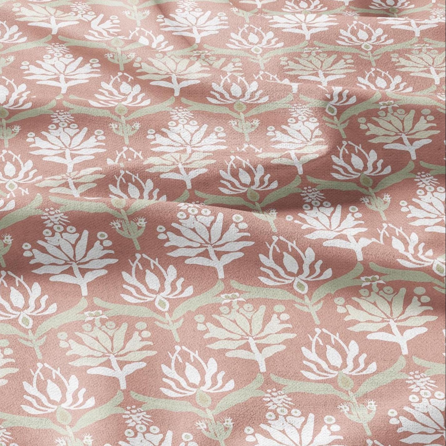 100% LINEN Fabric block print in preppy pink - floral print on white - heavy linen fabric for upholstery home decor 2592