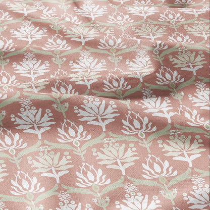 100% LINEN Fabric block print in preppy pink - floral print on white - heavy linen fabric for upholstery home decor 2592