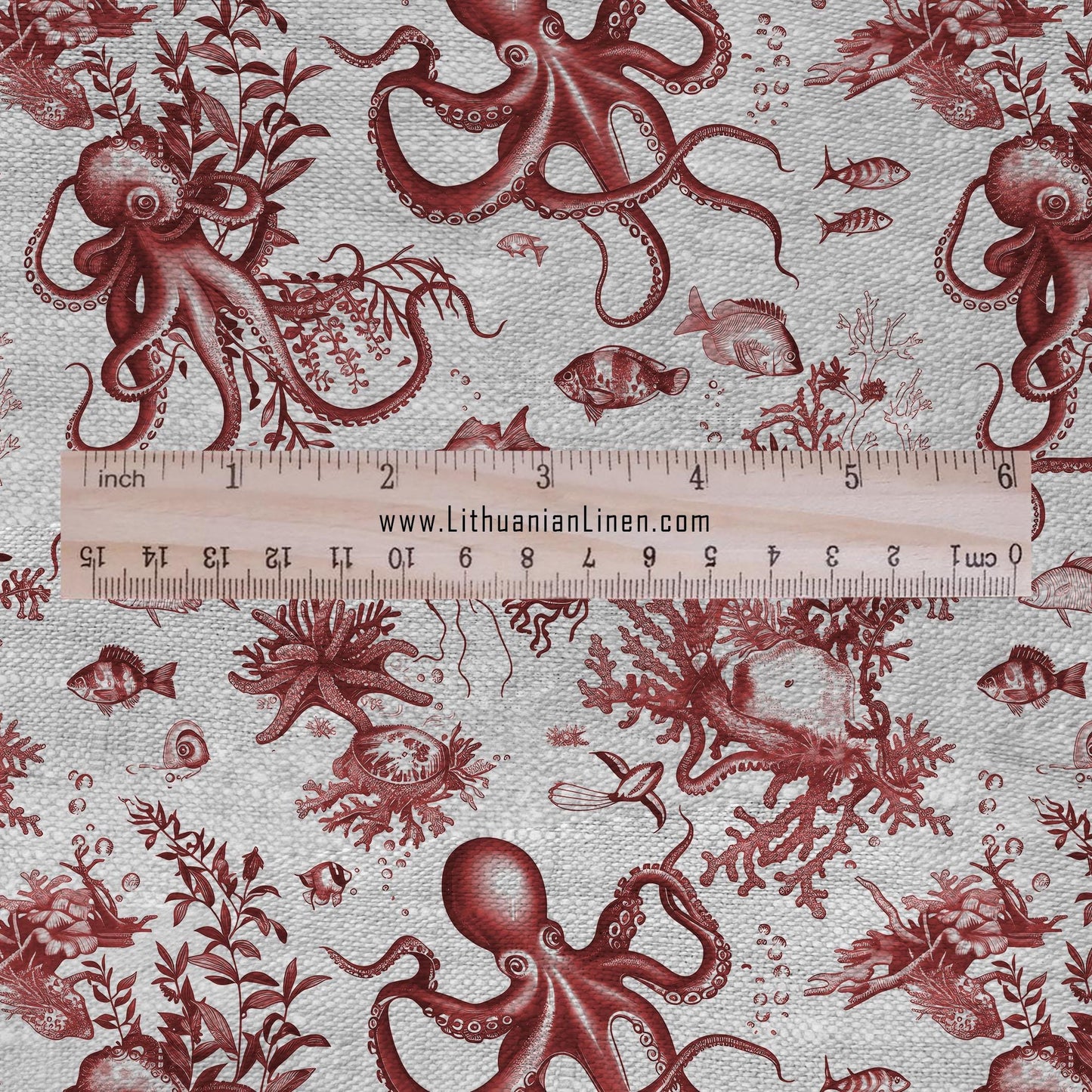 100% LINEN Fabric toile de jouy OCTOPUS Nautical print - red on oatmeal linen - coastal print for upholstery home decor clothing 306S
