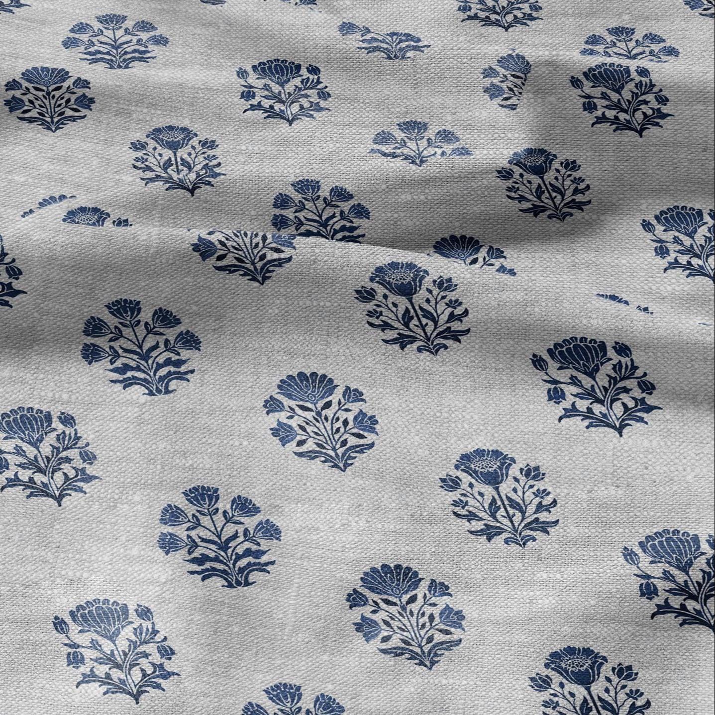 100% LINEN Fabric block print Genda - Indian blue floral linen heavy for upholstery home decor - medium for dress making 2947