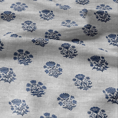 100% LINEN Fabric block print Genda - Indian blue floral linen heavy for upholstery home decor - medium for dress making 2947