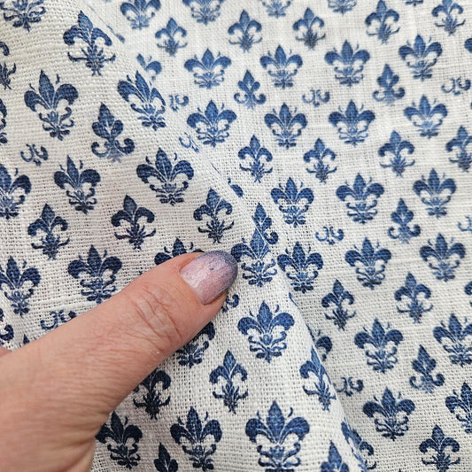 100% LINEN Fabric Fleur de lis print,  linen fabric with blue french print, heavy linen fabric for upholstery home decor 360