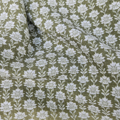 100% LINEN Fabric block print olive green on white - heavy linen fabric for upholstery home decor or medium for clothing 2512