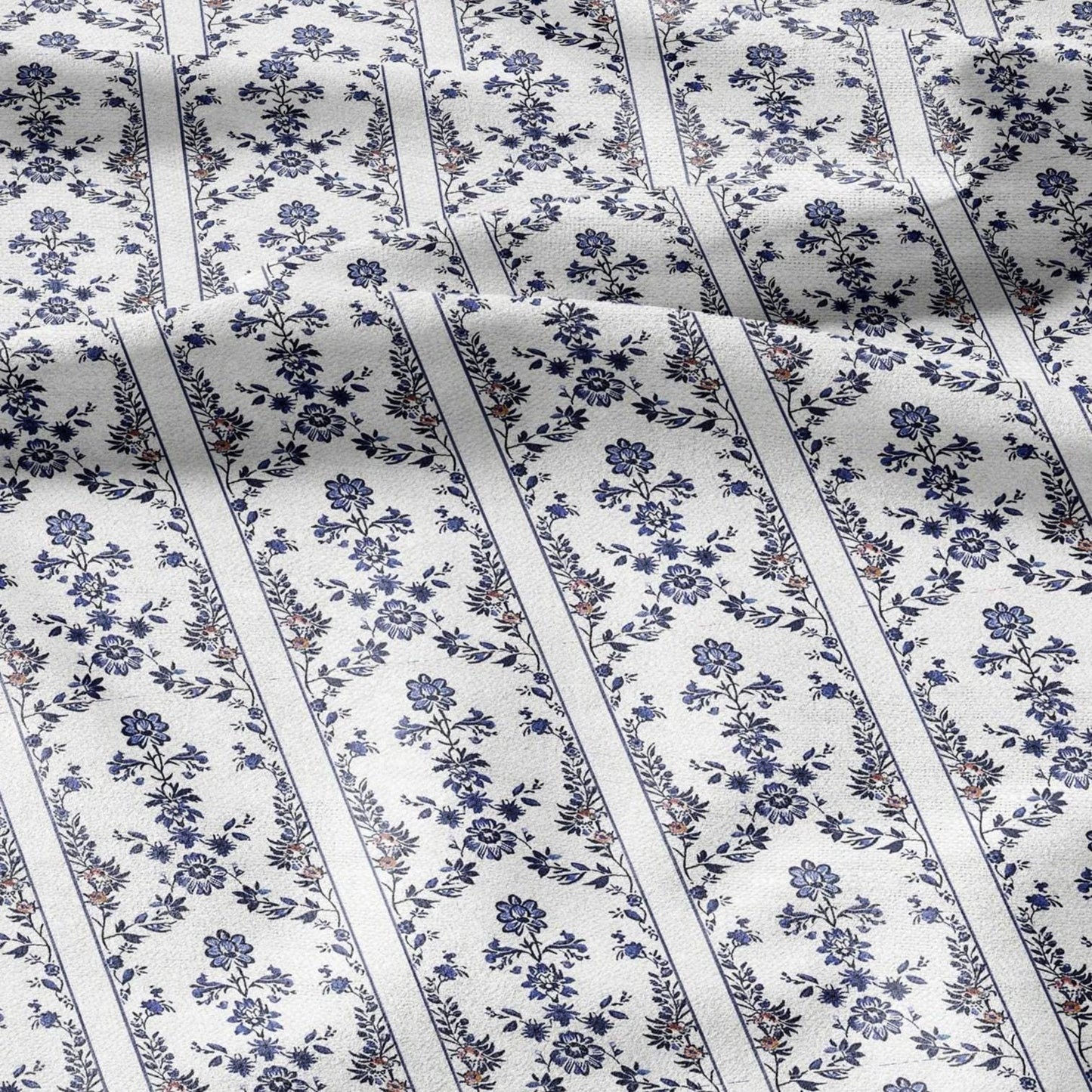 100% LINEN Fabric stripe print blue indigo flower linen - floral fabric for upholstery home decor dress making 2390