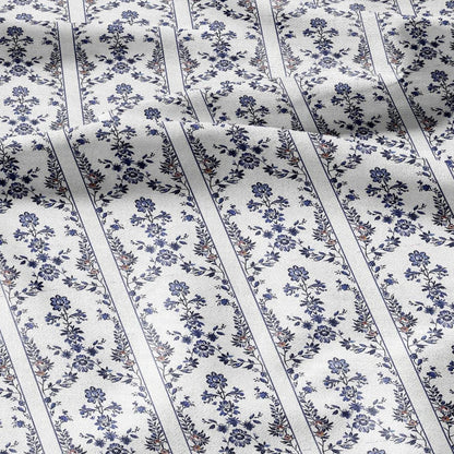 100% LINEN Fabric stripe print blue indigo flower linen - floral fabric for upholstery home decor dress making 2390