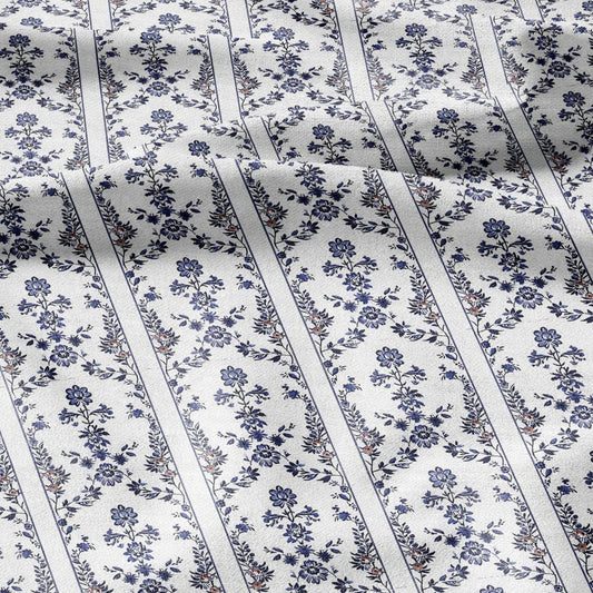 100% LINEN Fabric stripe print blue indigo flower linen - floral fabric for upholstery home decor dress making 2390