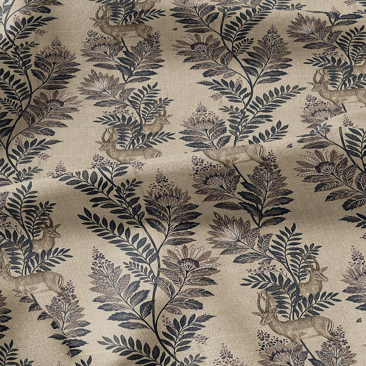 100% LINEN Fabric Woodland - Brown floral print with Antelope Eland Neutral Fabric by the Yard by LithuanianLinen 3787