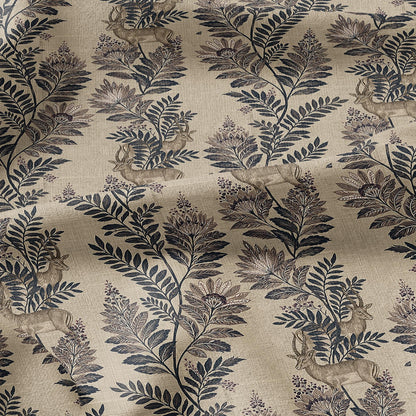 100% LINEN Fabric Woodland - Brown floral print with Antelope Eland Neutral Fabric by the Yard by LithuanianLinen 3787
