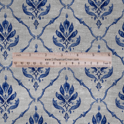 100% LINEN Fabric french blue block print on oatmeal natur linen - floral indigo blue diamonds fabric - French linen floral upholstery 2639