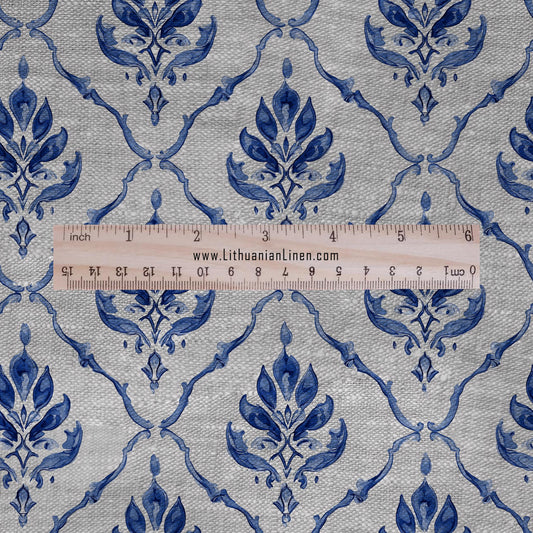 100% LINEN Fabric french blue block print on oatmeal natur linen - floral indigo blue diamonds fabric - French linen floral upholstery 2639