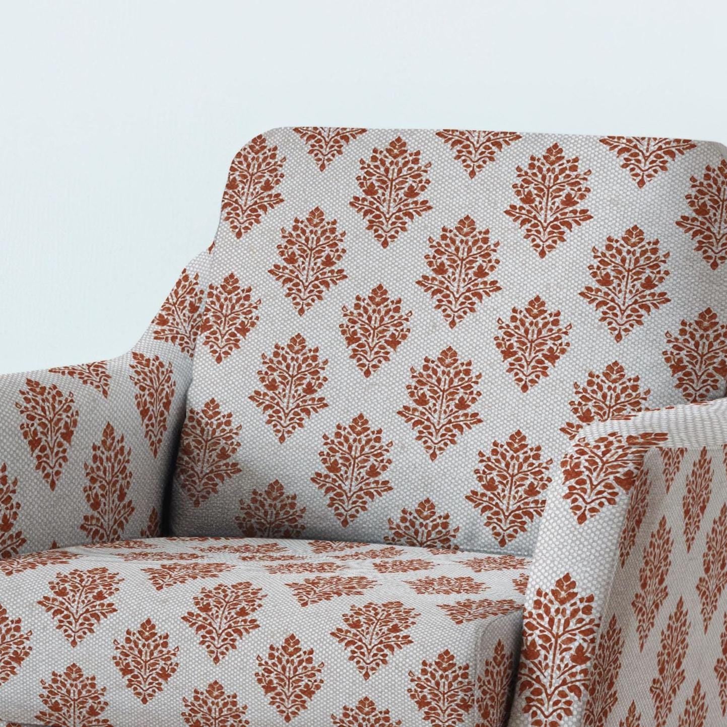 100% LINEN Fabric UPHOLSTERY 12oz - red paisley block print - oatmeal linen fabric with floral print  - Modern Vintage upholstery 2316