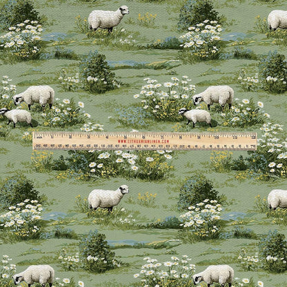 100% LINEN Fabric UPHOLSTERY 12oz - Irish sheep in green fields print on linen - Modern vintage floral animal pattern 2003