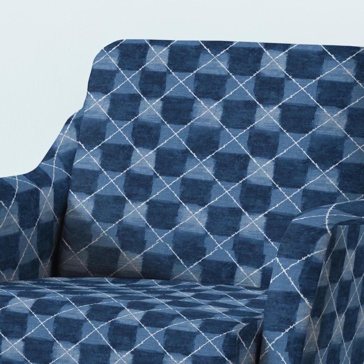 100% LINEN Fabric UPHOLSTERY 12oz - Indigo Shibori abstract squares - Modern Geometric Dark Blue Neutral Minimal upholstery 2978