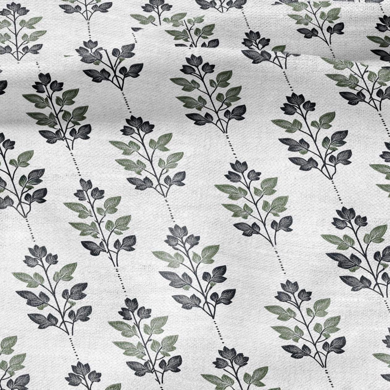 100% LINEN Fabric Leaves stripe print - Mid-century modern botanical stripe upholstery home textile artisan green white 2743